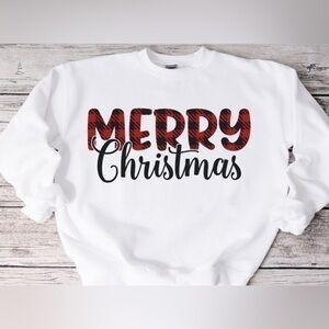 Merry Christmas Plaid Crewneck- White